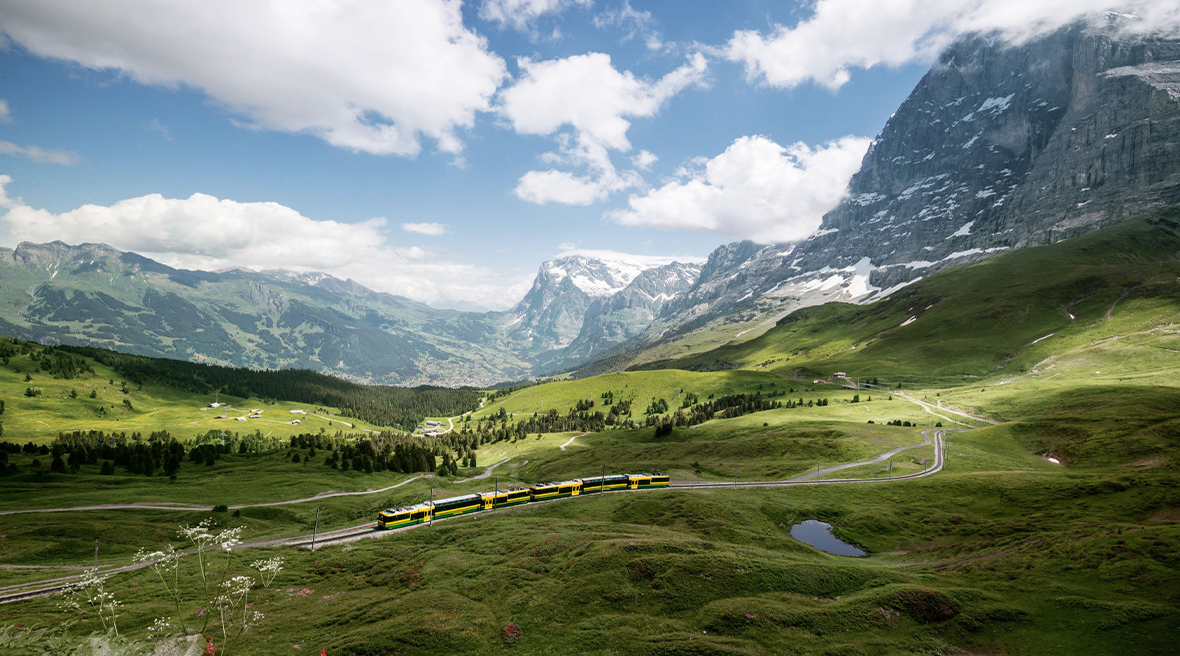 A yellow and green mountain train snakes through a huge expanse of green mountain meadowland